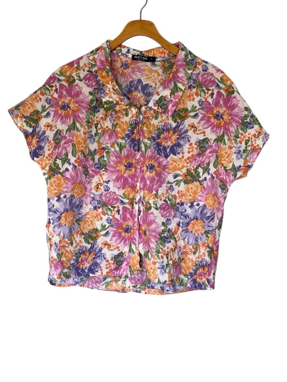 Nasty Gal 100% Cotton Floral Fabric Button-Up Short Sleeve Top Size S Pink Multi